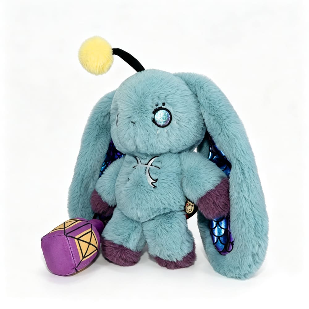 A blue Pisces Rabbit plush zodiac stuffed animal with shiny eyes, long ears, yellow antenna tip, and a purple gem accessory.