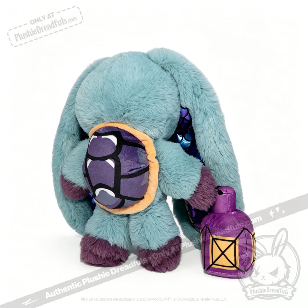 Plushie Dreadfuls Pisces Rabbit plush with turtle shell and purple lantern, zodiac stuffed animal facing away on white.