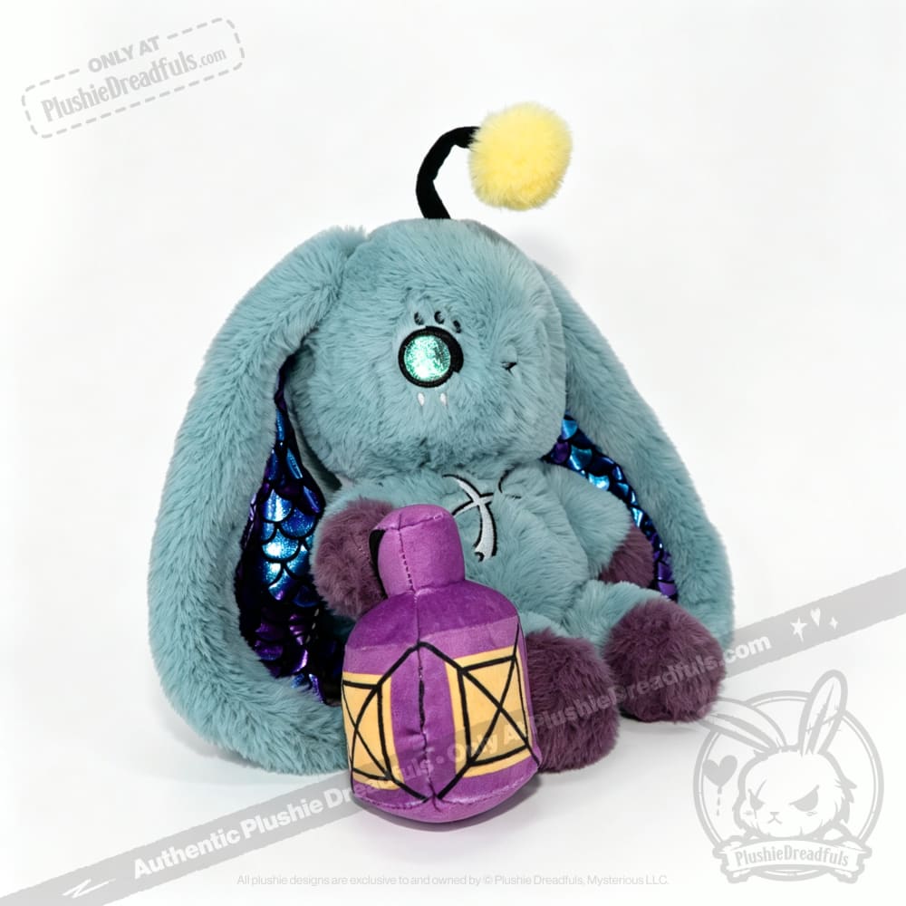 Blue Pisces Rabbit plush with shiny ears holds a purple lantern, a zodiac stuffed animal from Plushie Dreadfuls.