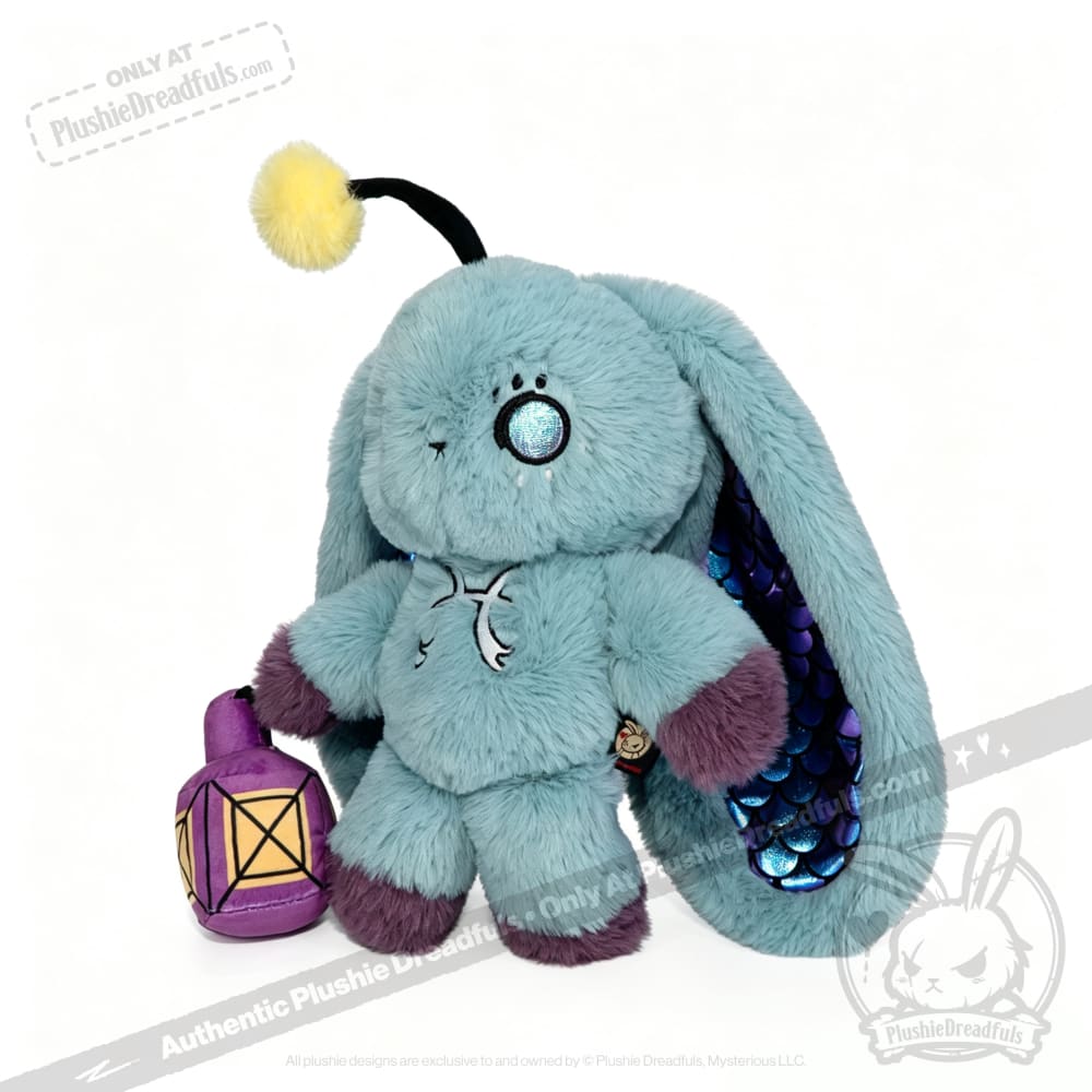 A Pisces Rabbit plush from Plushie Dreadfuls, with purple feet and a yellow lantern, sits on a white background.
