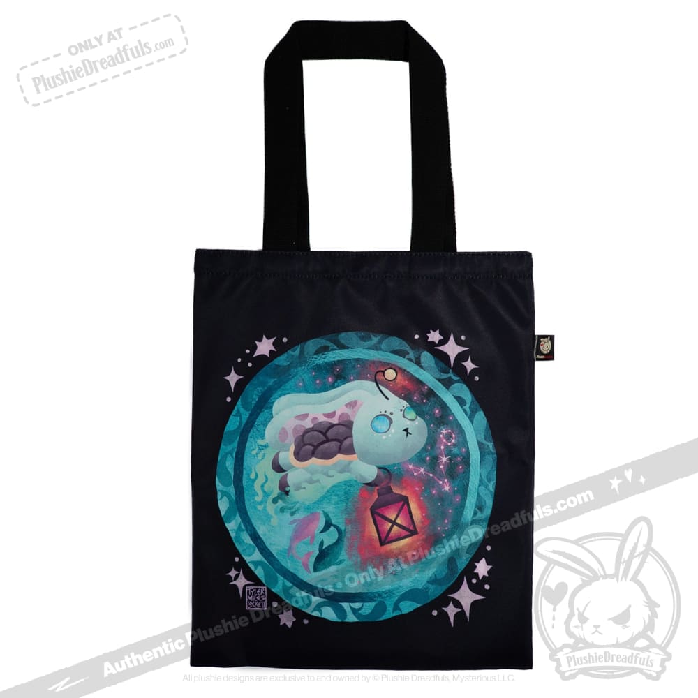 Black tote bag with a colorful turtle in a cosmic circle, holding a red lantern—pairs well with any zodiac stuffed animal.