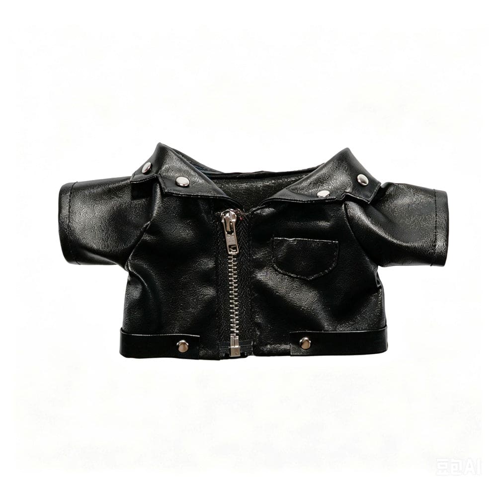 Small black plushie jacket with silver zipper and snaps, displayed against a plain white background.