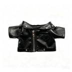 Small black plushie jacket with silver zipper and snaps, displayed against a plain white background.