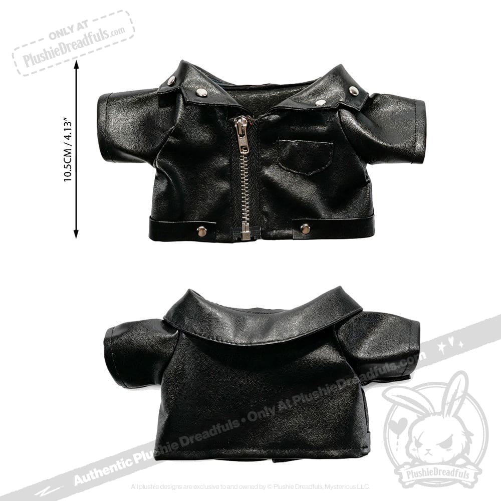 Mini black faux leather jacket for dolls or full-size plushies, shown from front and back, with zipper and measurements.