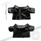 Mini black faux leather jacket for dolls or full-size plushies, shown from front and back, with zipper and measurements.