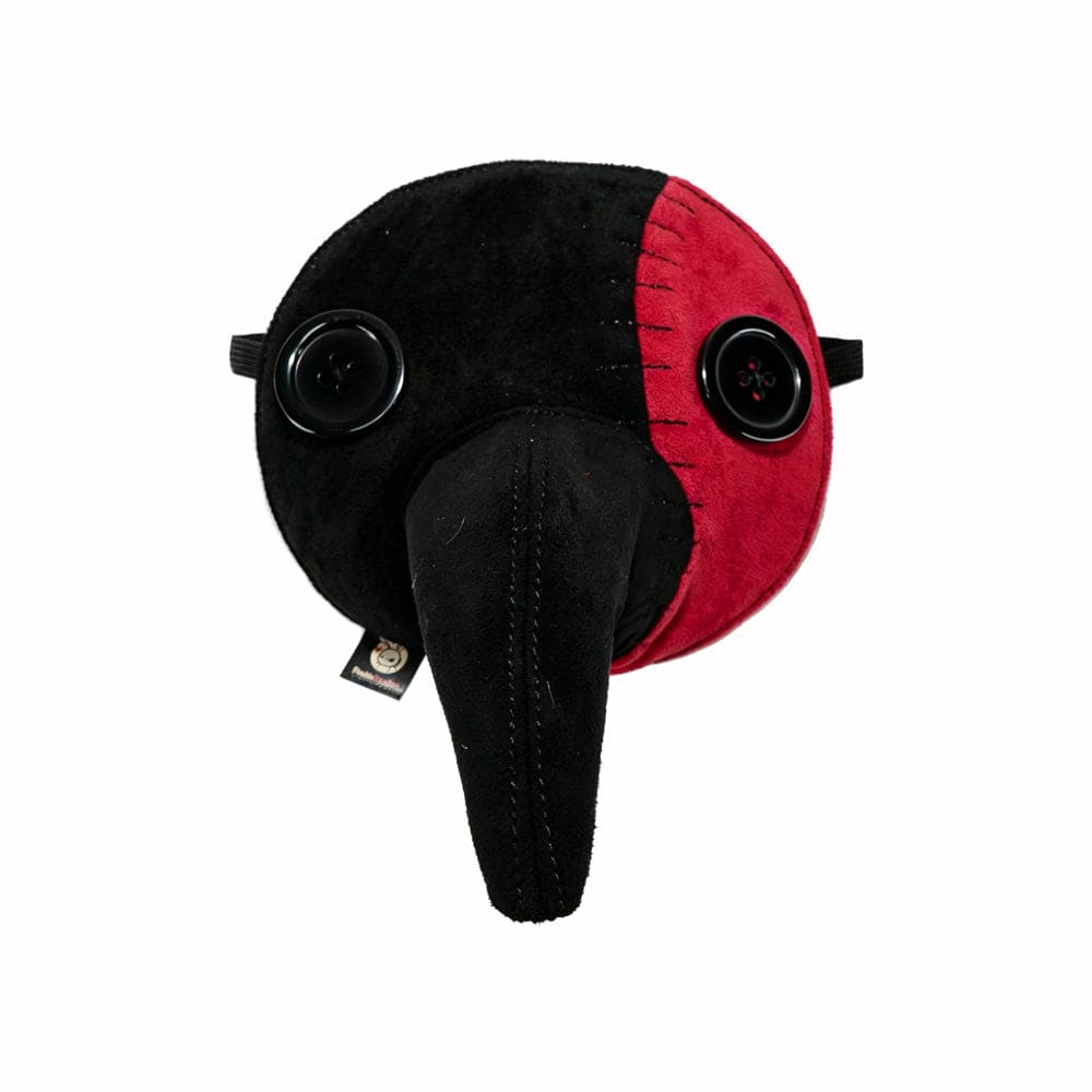 Plushie Dreadfuls plague mask: plush, black and red fabric, button eyes, and a long comfy beak on a white background.