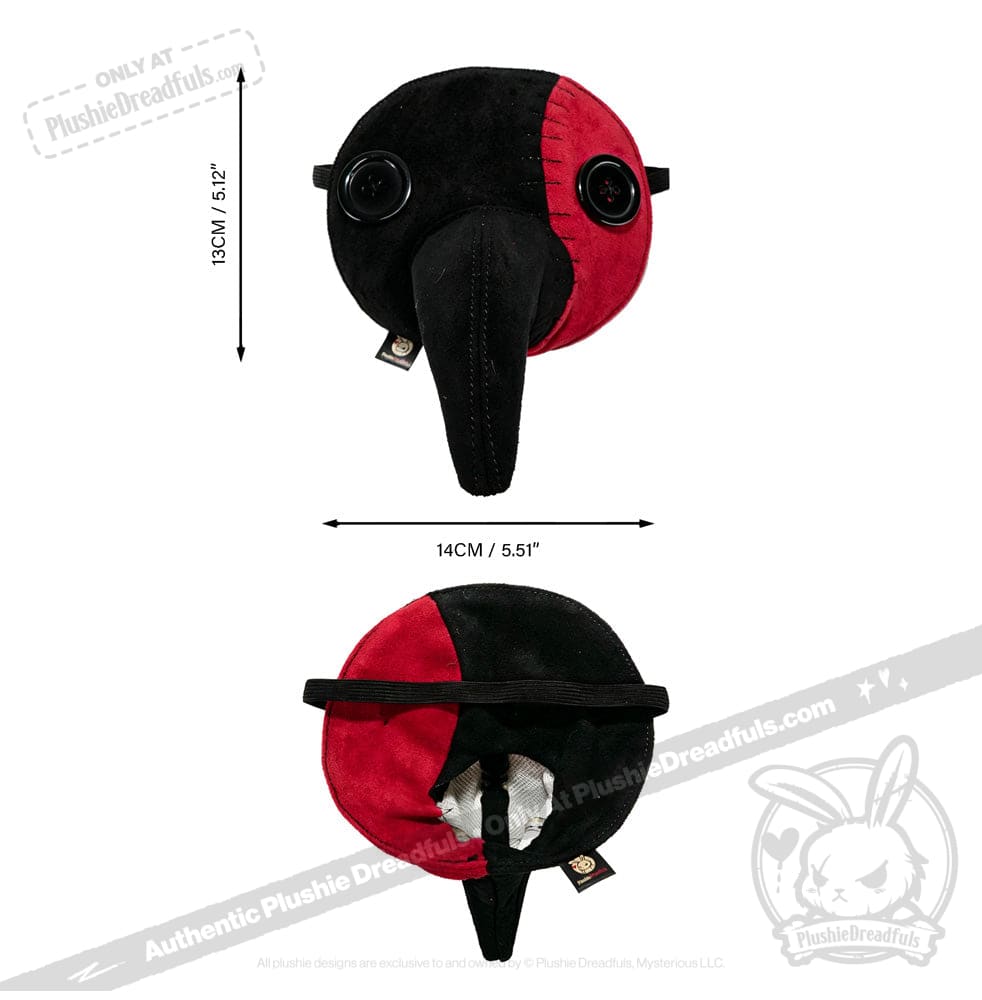 Plushie Dreadfuls plague mask: plush black and red with button eyes, long beak. 13cm tall, 14cm wide.