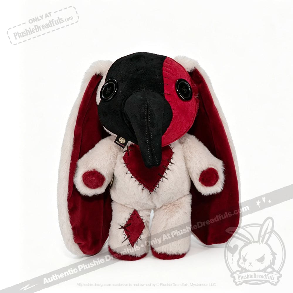 Plushie Dreadfuls rabbit toy with red and black patchwork, big button eyes, and long floppy ears.