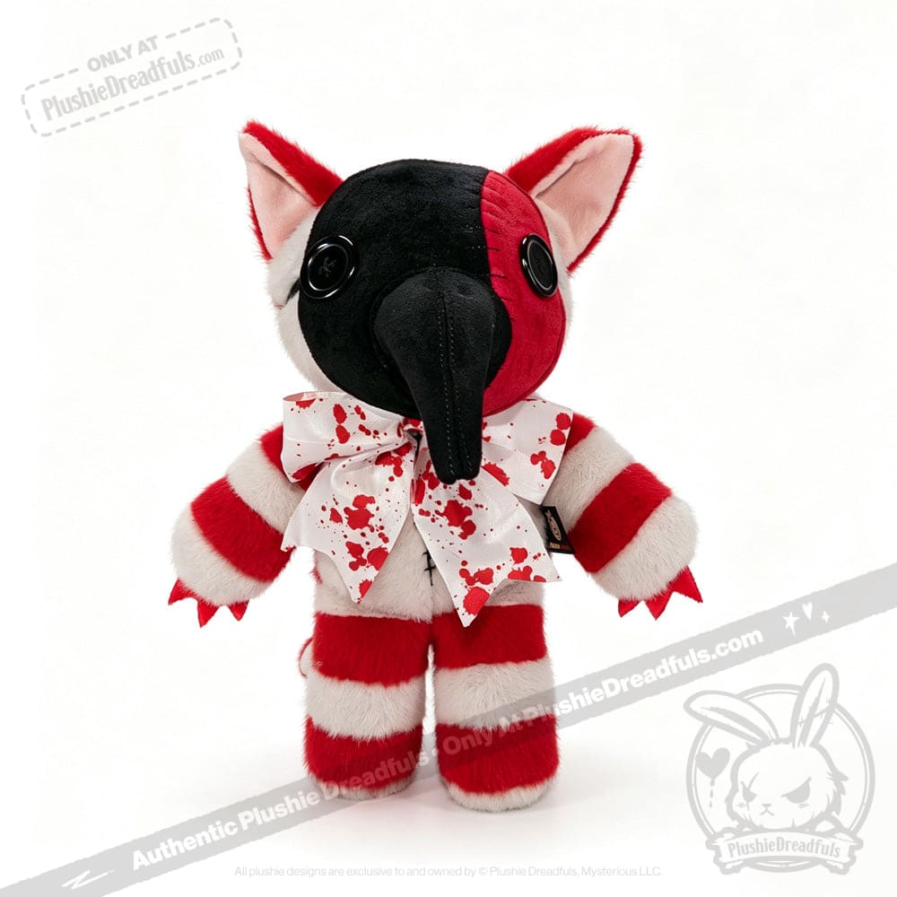 Plushie Dreadfuls toy with striped red and white fur, big ears, black nose, and a splattered white bowtie.