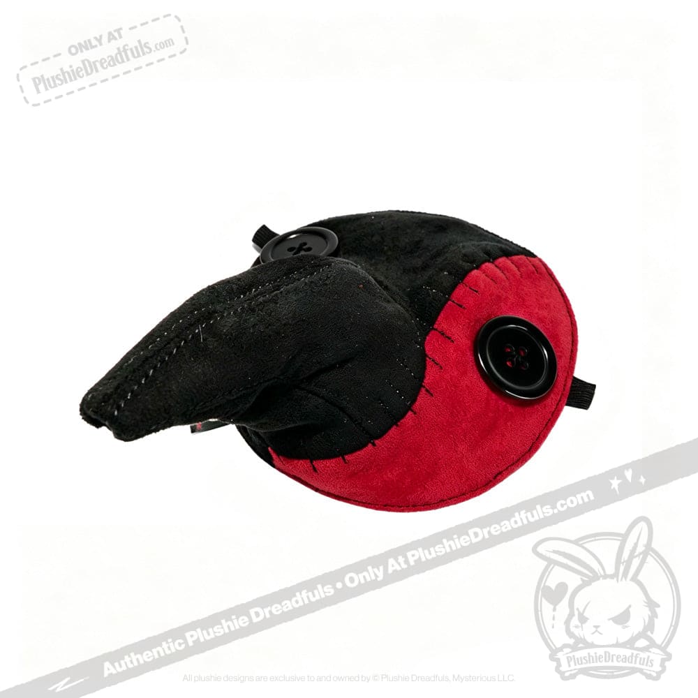 Plushie Dreadfuls bird plush toy with black and red fabric, button eyes, and a cute plague mask on a white background.