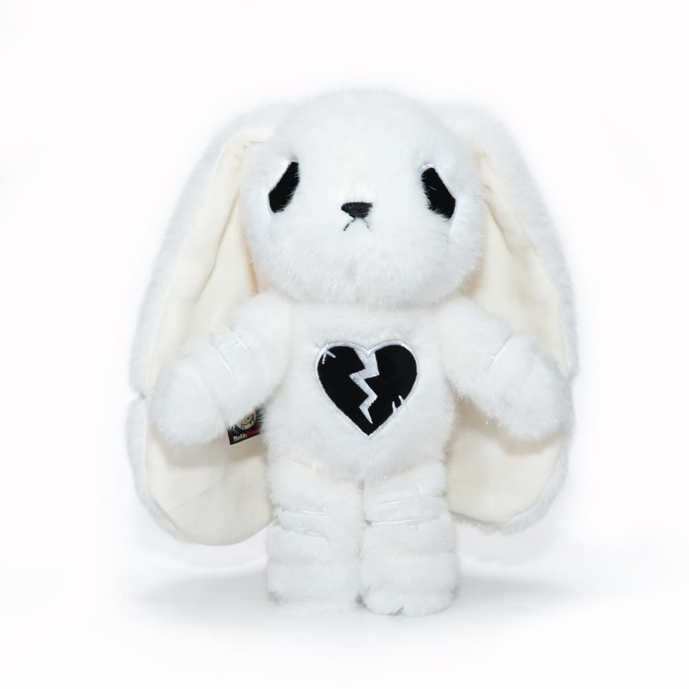 White plush bunny with long ears, black patches, and a semicolon symbol on the heart to support mental health awareness.
