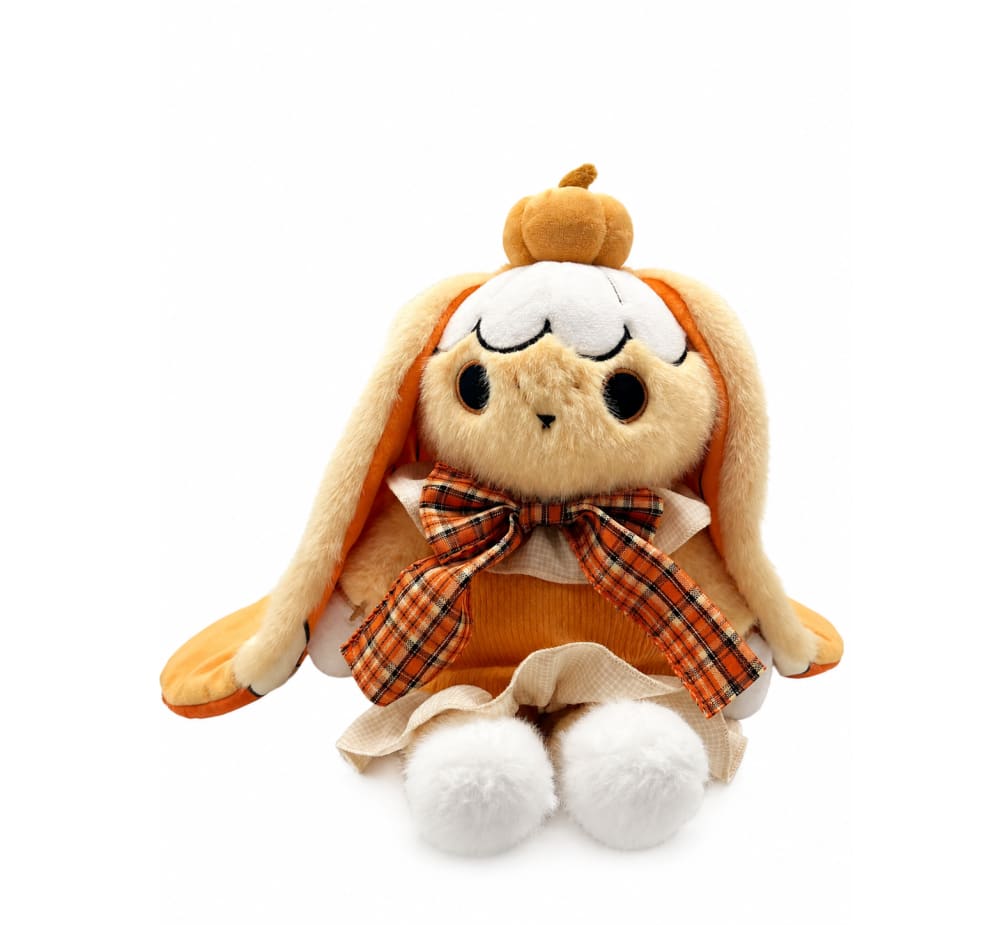 Plushie Dreadfuls Pumpkin Cream Bunny—super soft rabbit with long ears, plaid bow, pumpkin hat, and orange-cream outfit.