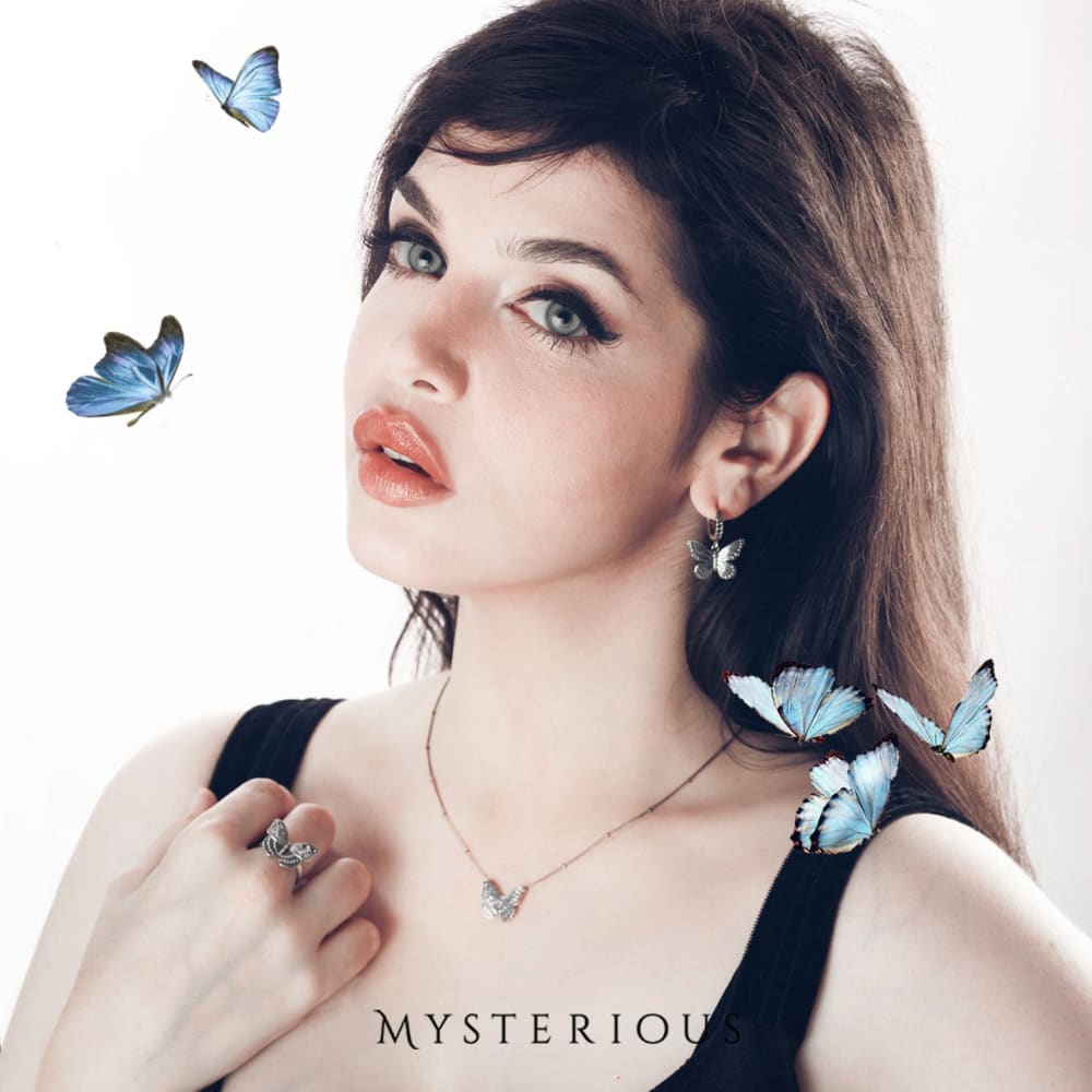 Royal Blue Butterflies Silver Jewelry and Tapestry Set - Mysterious