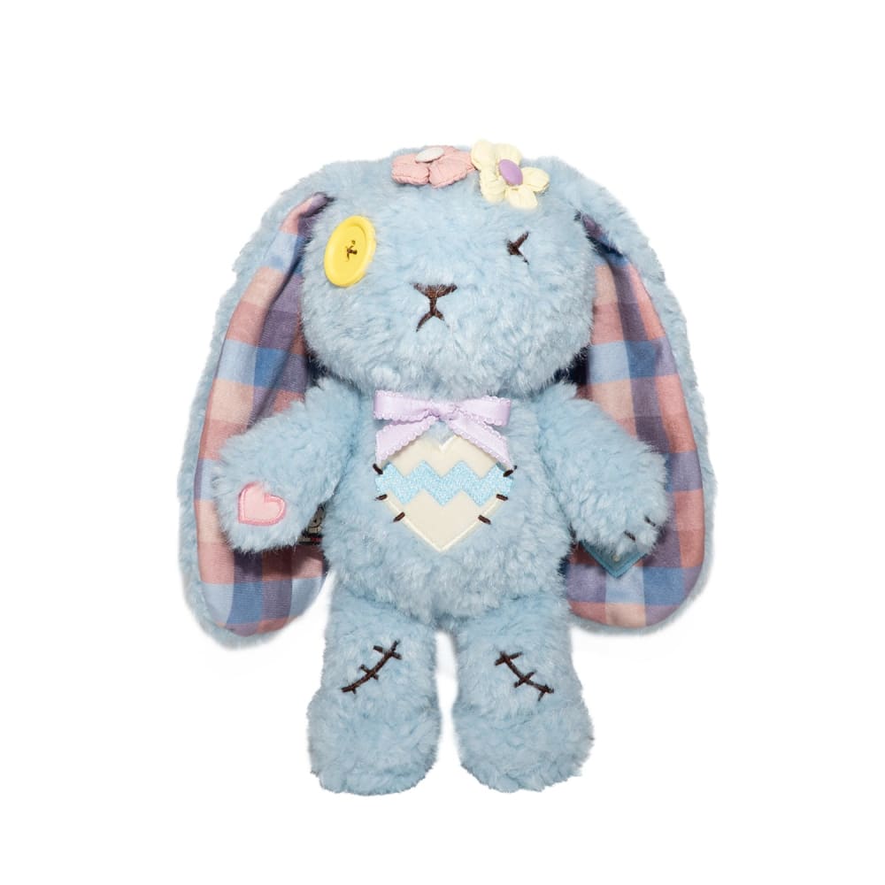 Blue Plushie Dreadful bunny with a yellow button eye, flower details, plaid ears—an adorable stuffed animal to cherish.