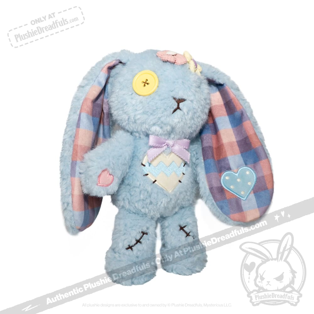 Blue Plushie Dreadful bunny with patchwork ears, button eye, bow tie—your new stuffed animal Love Rabbit!.