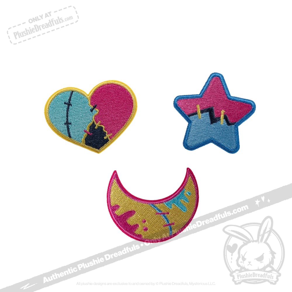 Three colorful iron on patches: a stitched heart, a star, and a crescent moon evoke playful night sky patches.
