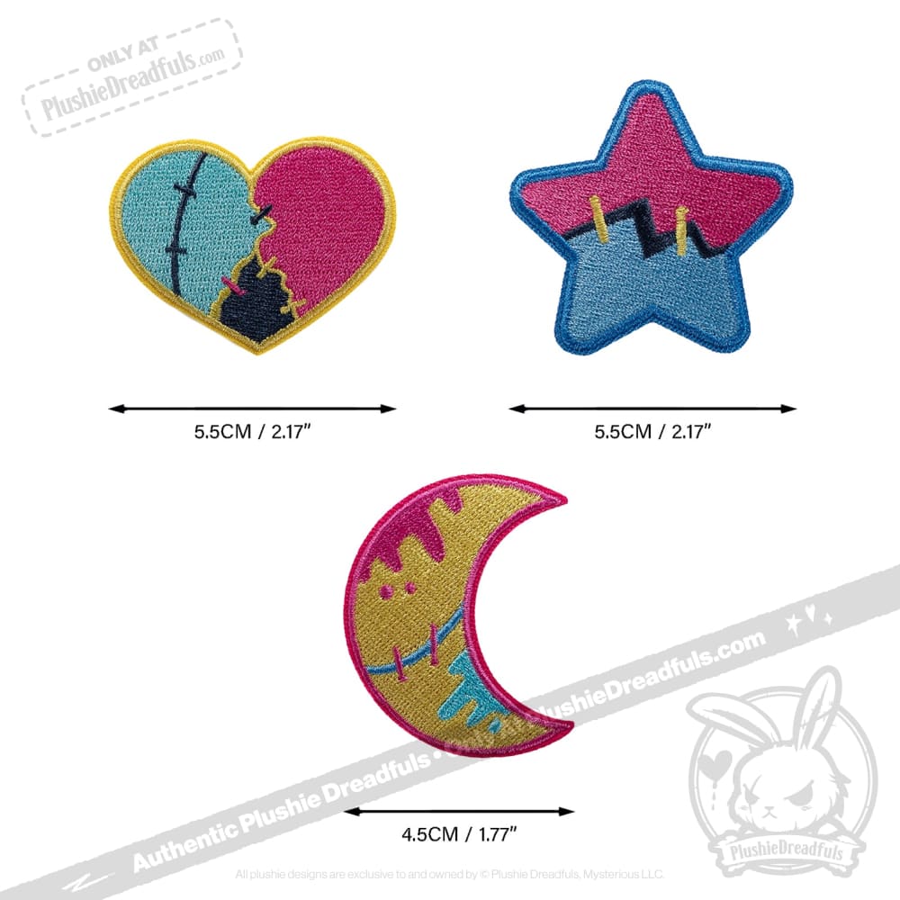 Three colorful night sky patches—a heart, star, and crescent moon—perfect as iron on patches for plushie clothes.