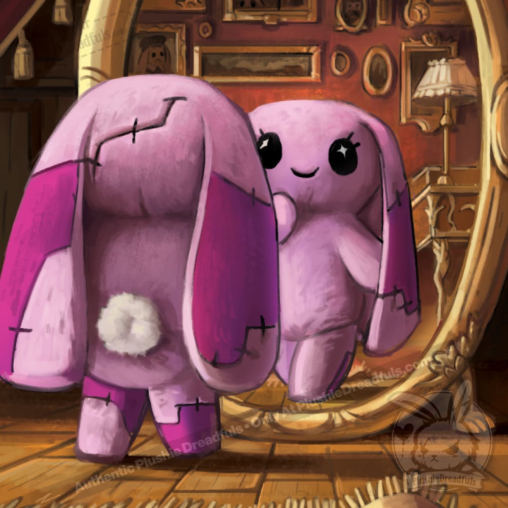 A plush bunny gazes into a mirror, plushie tarot cards scattered near framed photos and a glowing vintage lamp.