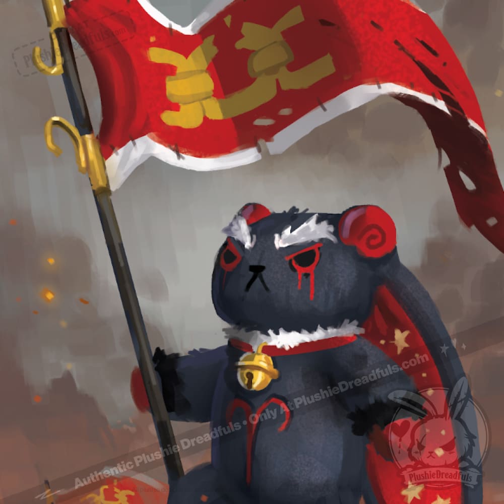 A dark bear with red eyes and cape wields a flag in smoke, channeling the eerie magic of the Plushie Dreadfuls Tarot Deck.