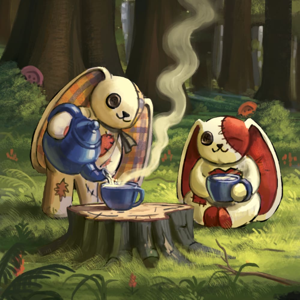Two patchwork plush bunnies sip tea in a sunlit forest, their tarot deck spread across the tree stump table.
