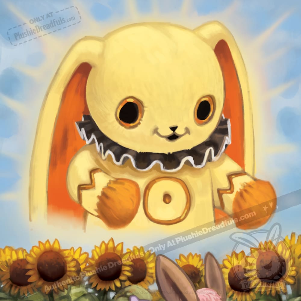 A large, glowing plush bunny with orange ears floats above sunflowers, inspired by the Plushie Dreadfuls Tarot Deck.