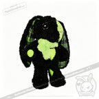 A Plushie Dreadfuls black bunny plush stuffed animal with green accents, button eyes, and plaid inner ears.