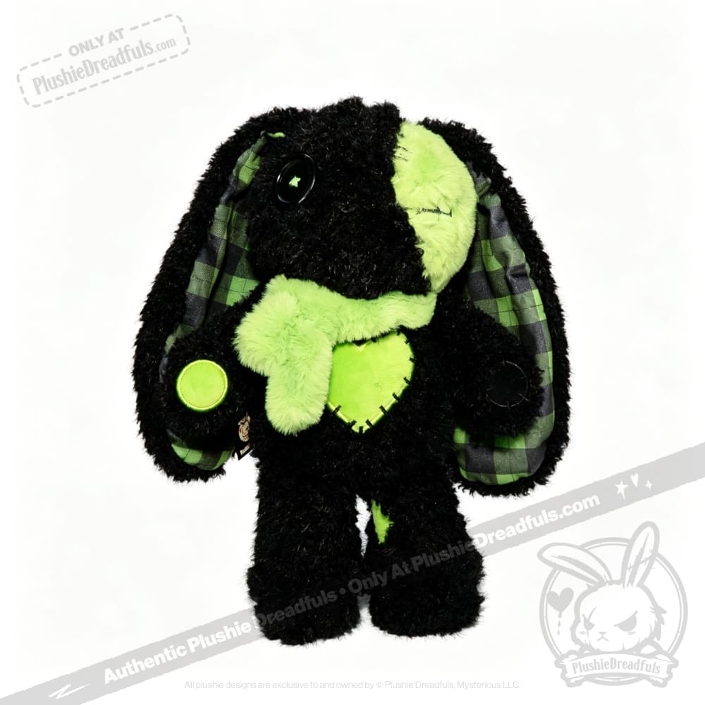 Love Rabbit black and green plushie with plaid ears, heart patch, and fuzzy scarf by Plushie Dreadfuls.