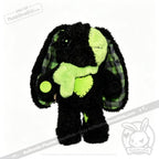 Love Rabbit black and green plushie with plaid ears, heart patch, and fuzzy scarf by Plushie Dreadfuls.