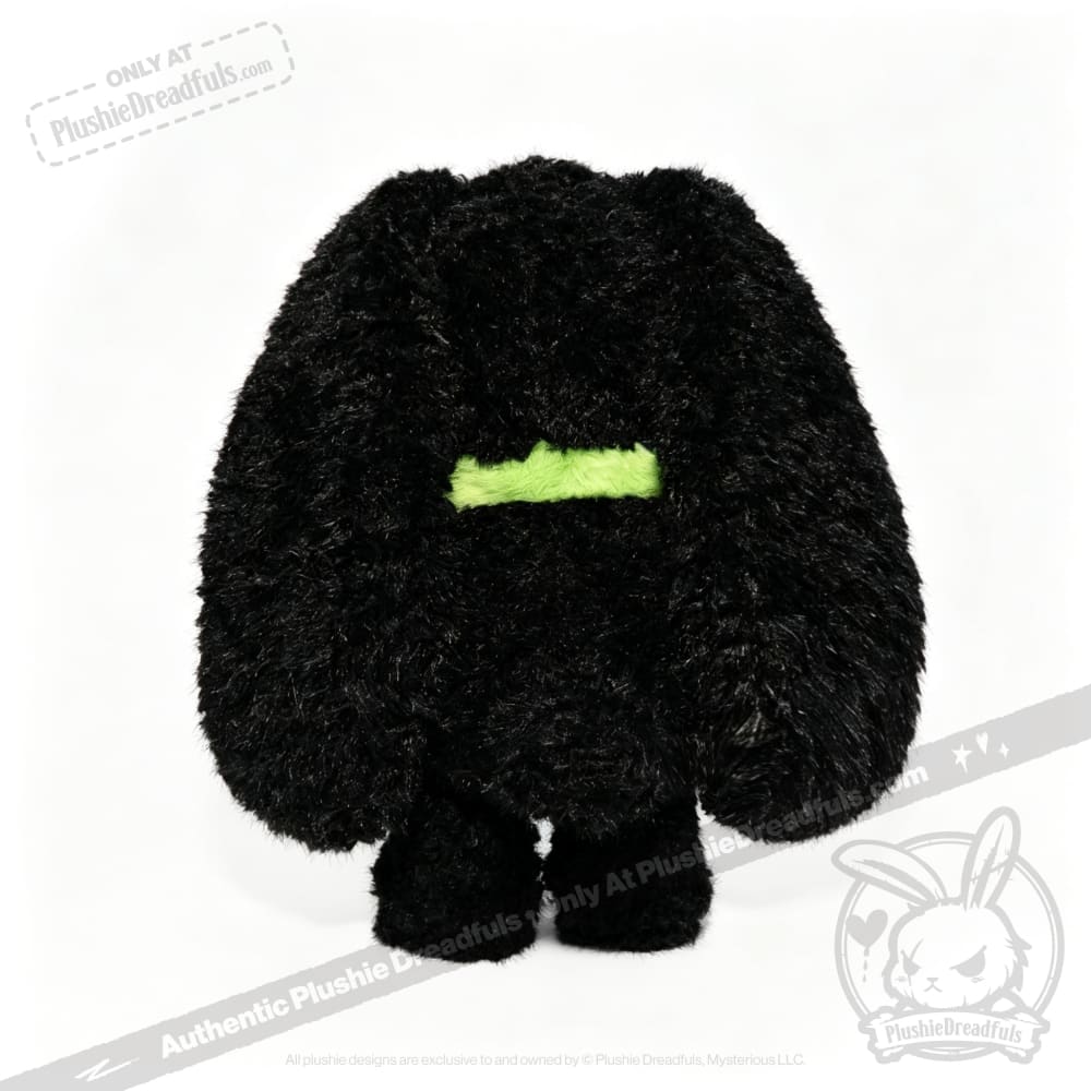 Plushie Dreadfuls Love Rabbit: black plush stuffed animal with floppy ears, neon green stripe, on white background.