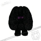 A fuzzy black Plushie Dreadfuls plush stuffed animal with floppy ears and a small purple line for eyes, standing upright.