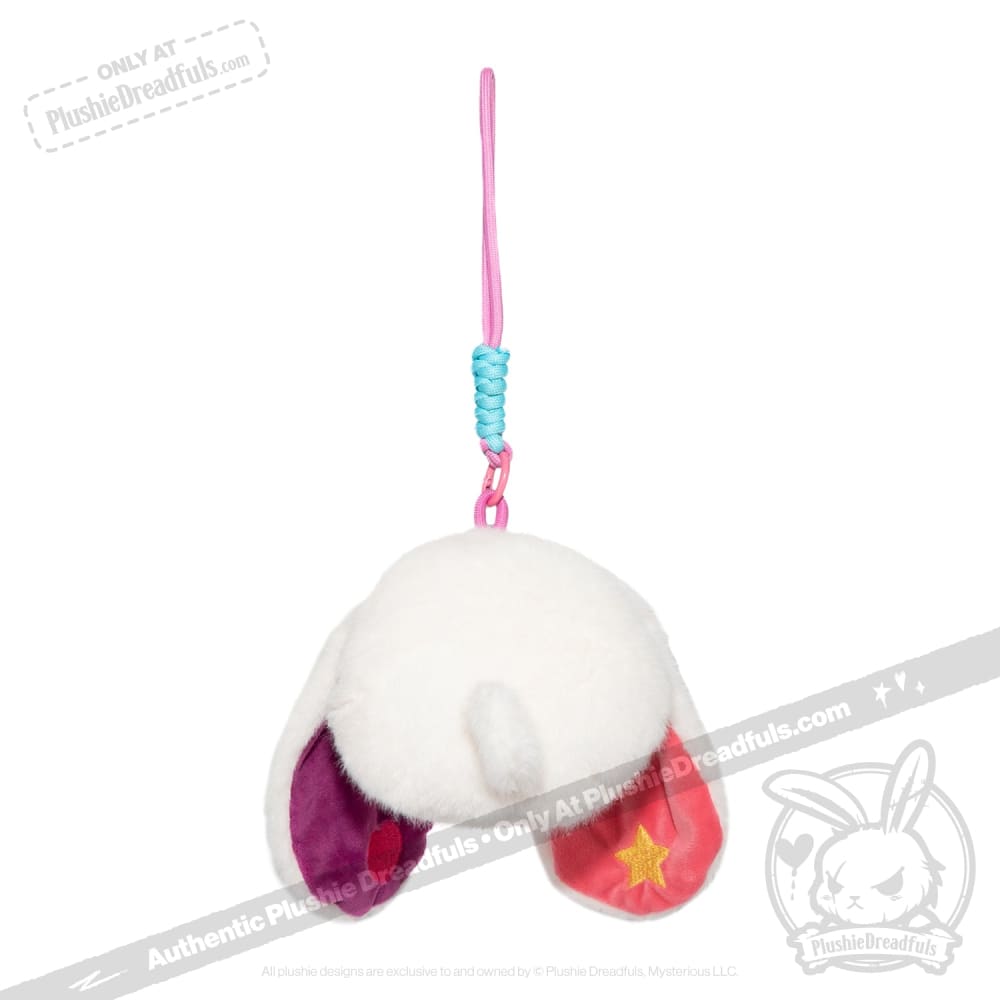 Plush white Harajuku Alice Rabbit keychain with floppy ears, one pink star, one purple, hanging by a pink loop.
