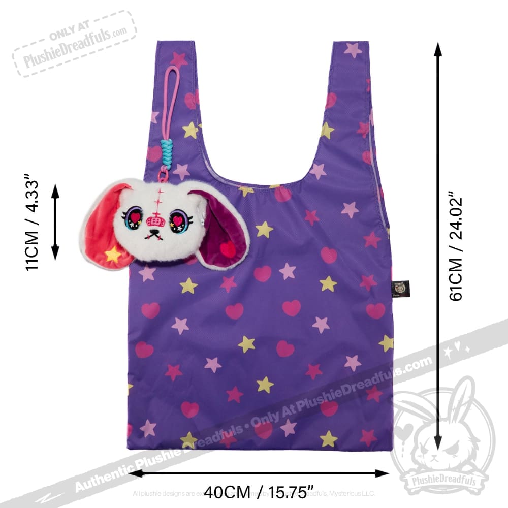 Purple reusable shopping bag with hearts, stars, plush dog keychain; inspired by plushie dreadfuls style.