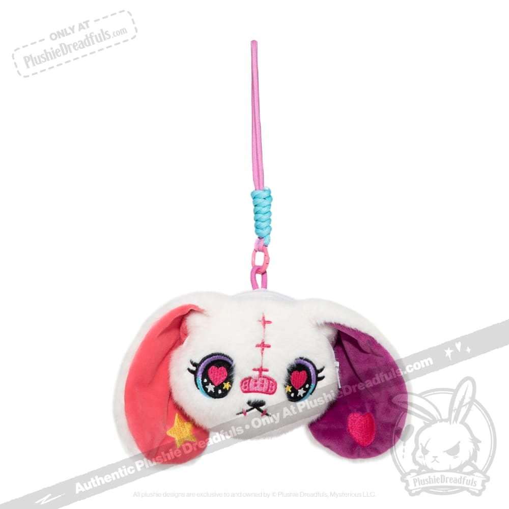Plush bunny face keychain with colorful ears, inspired by Harajuku Alice Rabbit, and a cute pink string loop for hanging.