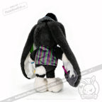 Plush black bunny plushie with long ears and a purple-striped vest, shown from the back on a white background.