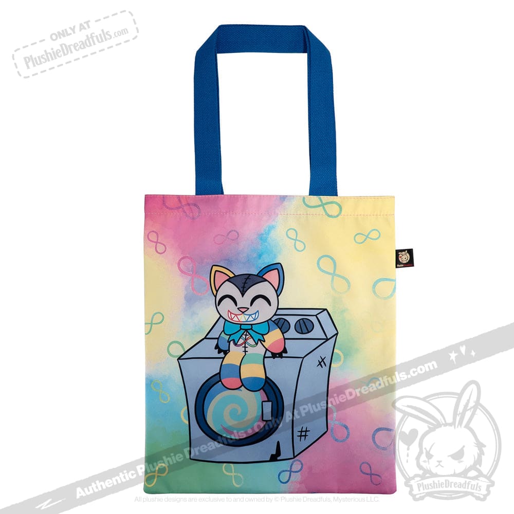 Tote bag with blue handles, a pastel rainbow background, and a cartoon cat sitting on a washing machine—perfect for fans of the Victorian McGee's Autism Acceptance Cheshire Cat plush stuffed animal. Infinity symbols decorate the bag, making it a charming accessory that also supports autism acceptance.