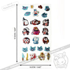 A sheet of small cartoon character patches or appliqués displayed on a white background, with measurement arrows and text indicating the sheet is 17.3 cm by 9.