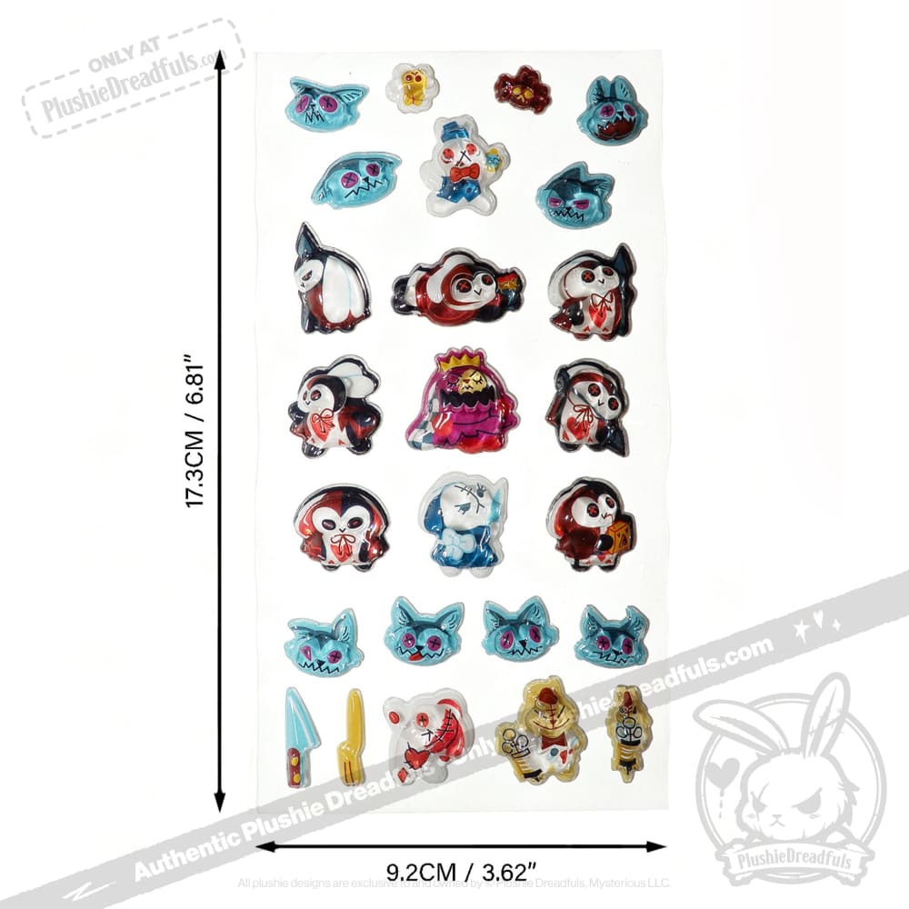 A sheet of small cartoon character patches or appliqués displayed on a white background, with measurement arrows and text indicating the sheet is 17.3 cm by 9.