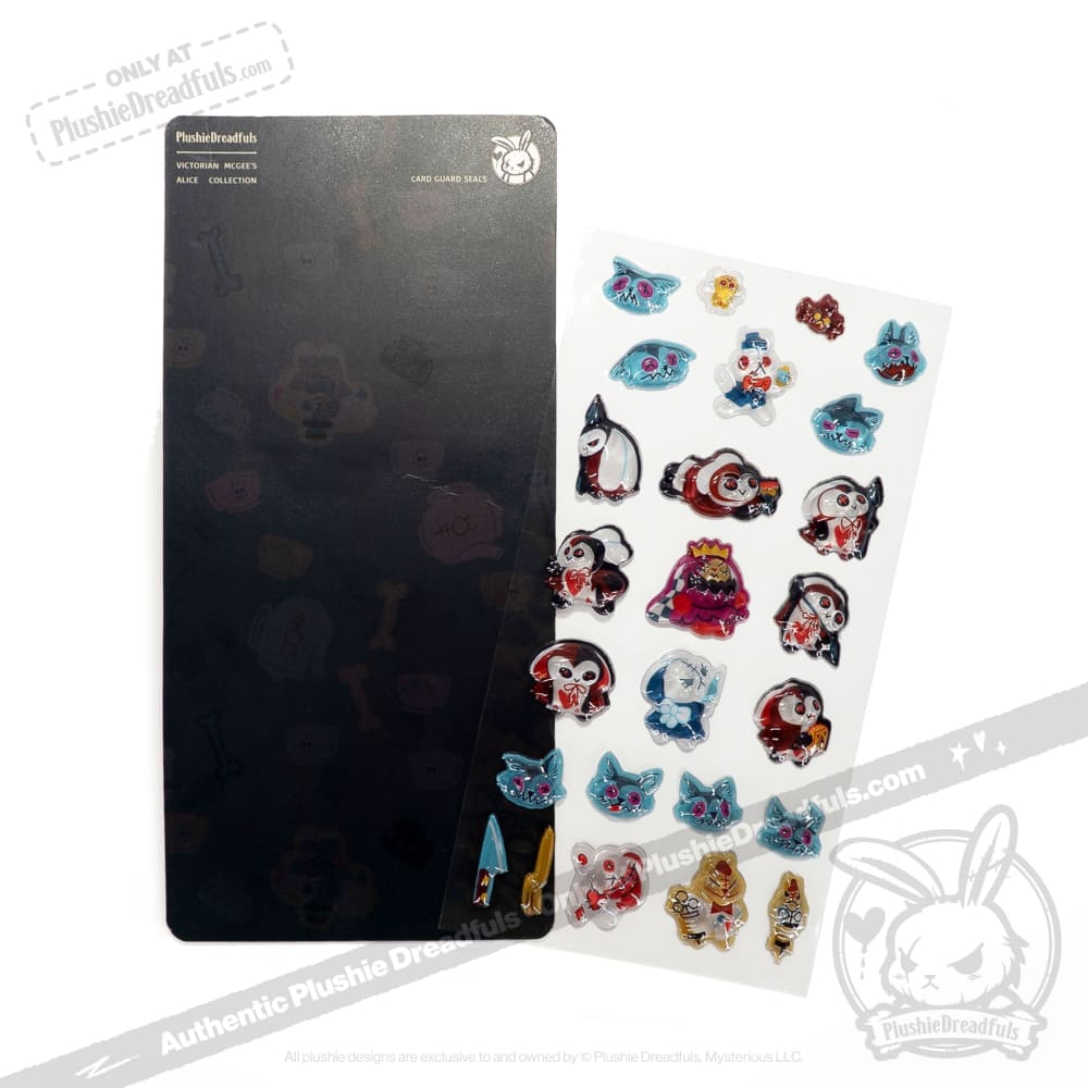 A sheet of colorful cartoon character stickers displayed next to a black backing board on a plain white background. The stickers feature various paws, cats, and fantasy characters in red, blue, white, and gold.