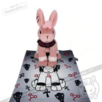 A pink Year of the Horse plush rabbit sits on a gray mat with black and red animal and key designs.