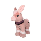 Limited edition plushie: pink donkey with white accents, black eyes, and purple frilled collar from plushiedreadfuls.com.