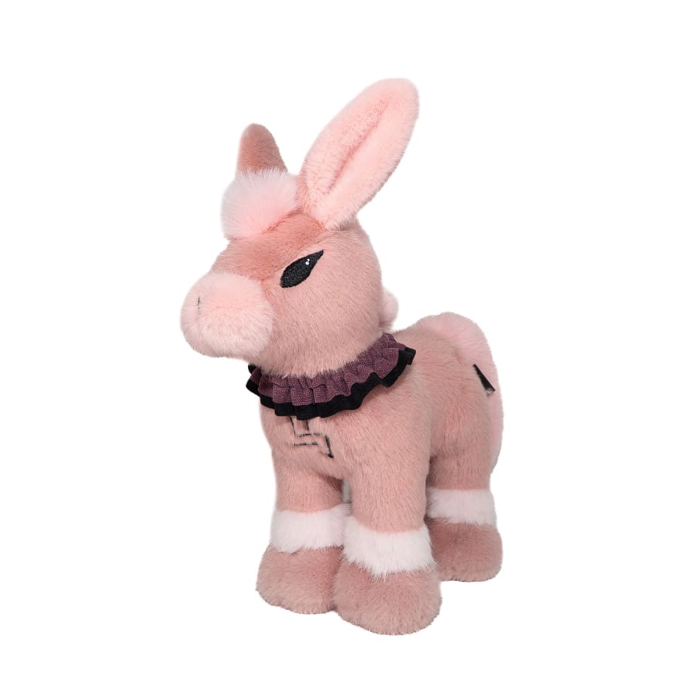 Limited edition plushie: pink donkey with white accents, black eyes, and purple frilled collar from plushiedreadfuls.com.
