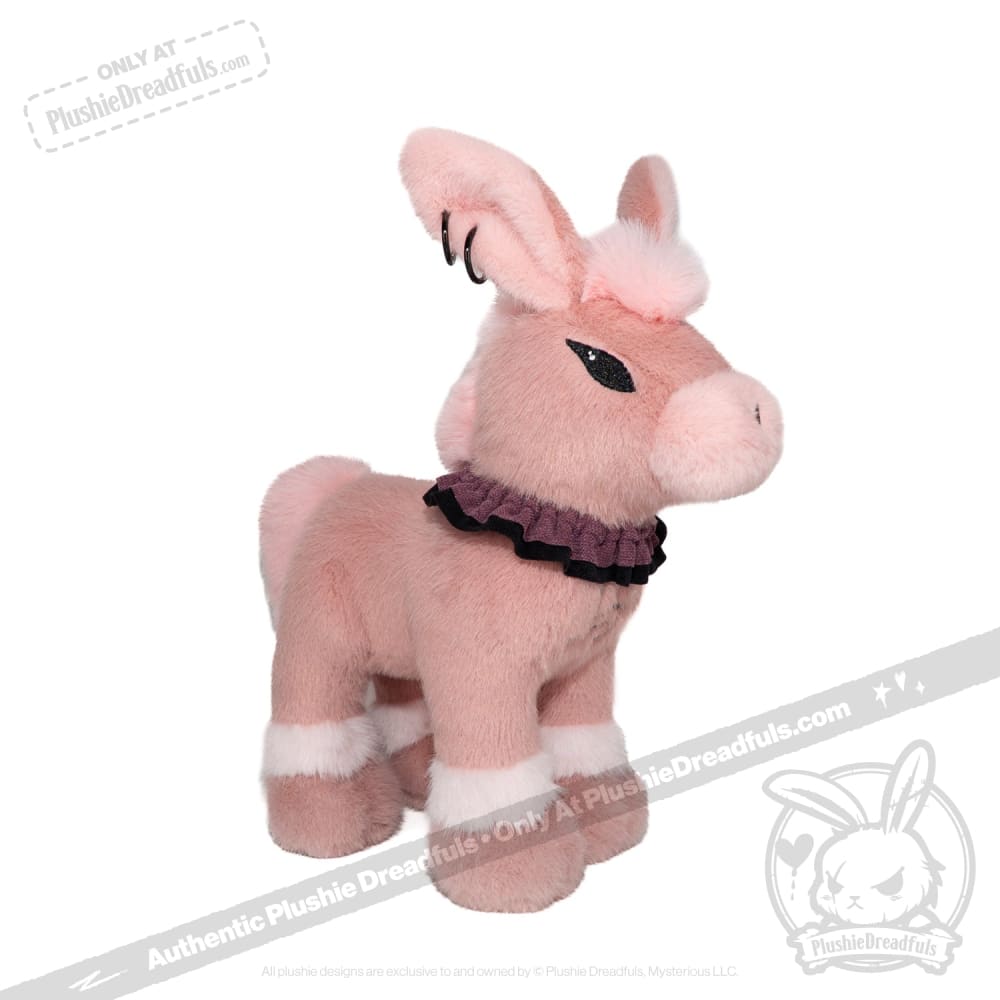 Pink plush donkey with white accents and black ruffled collar, a limited edition plushie from plushiedreadfuls.com.