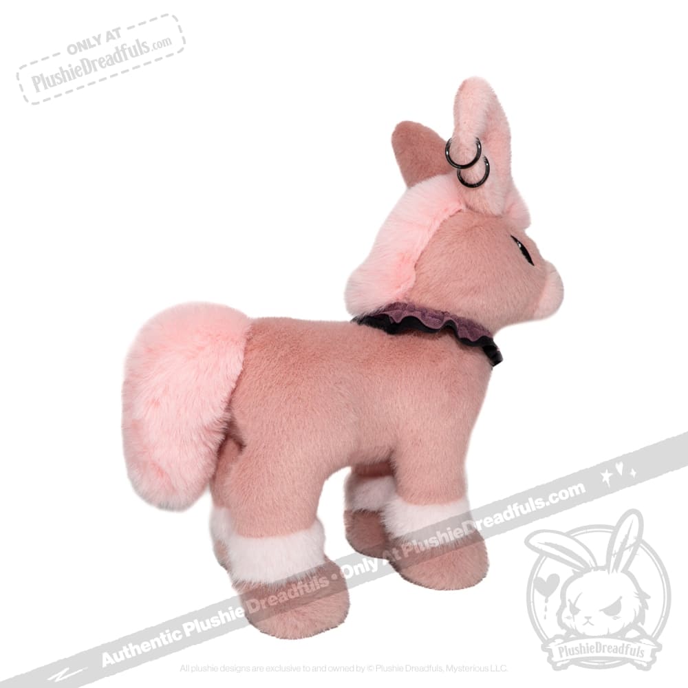 Pink and white plush dog toy from plushiedreadfuls.com, with a black collar, ear piercings—limited edition plushie.